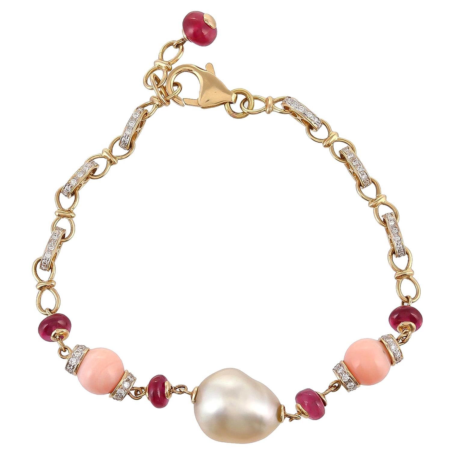 18 Karat 10.83 Carat South Sea Baroque Coral Ruby Diamond Links Gold Bracelet For Sale