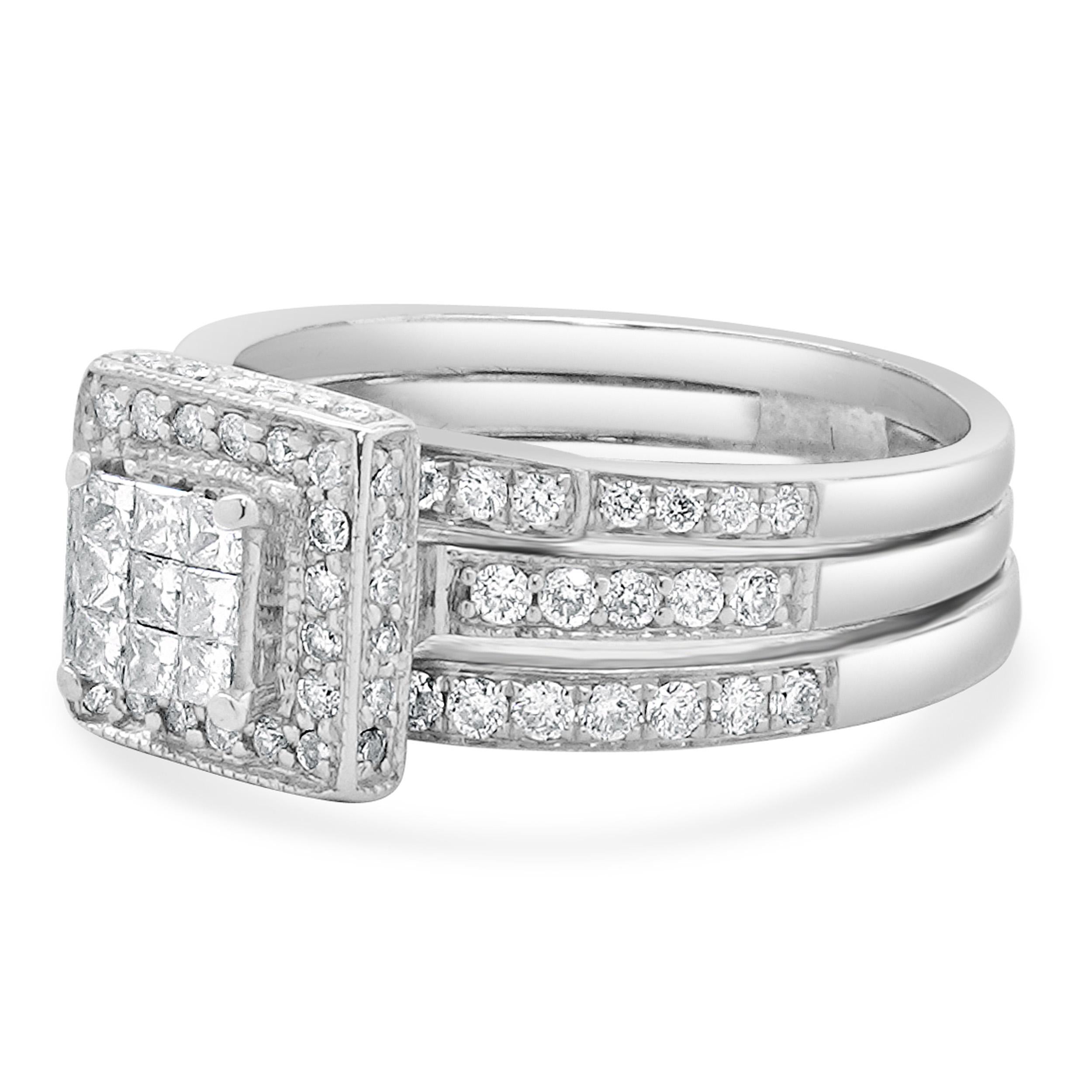 Taglio rotondo Anello di fidanzamento con diamanti incastonati a vista in oro bianco 18k / 14k con taglio a principessa in vendita
