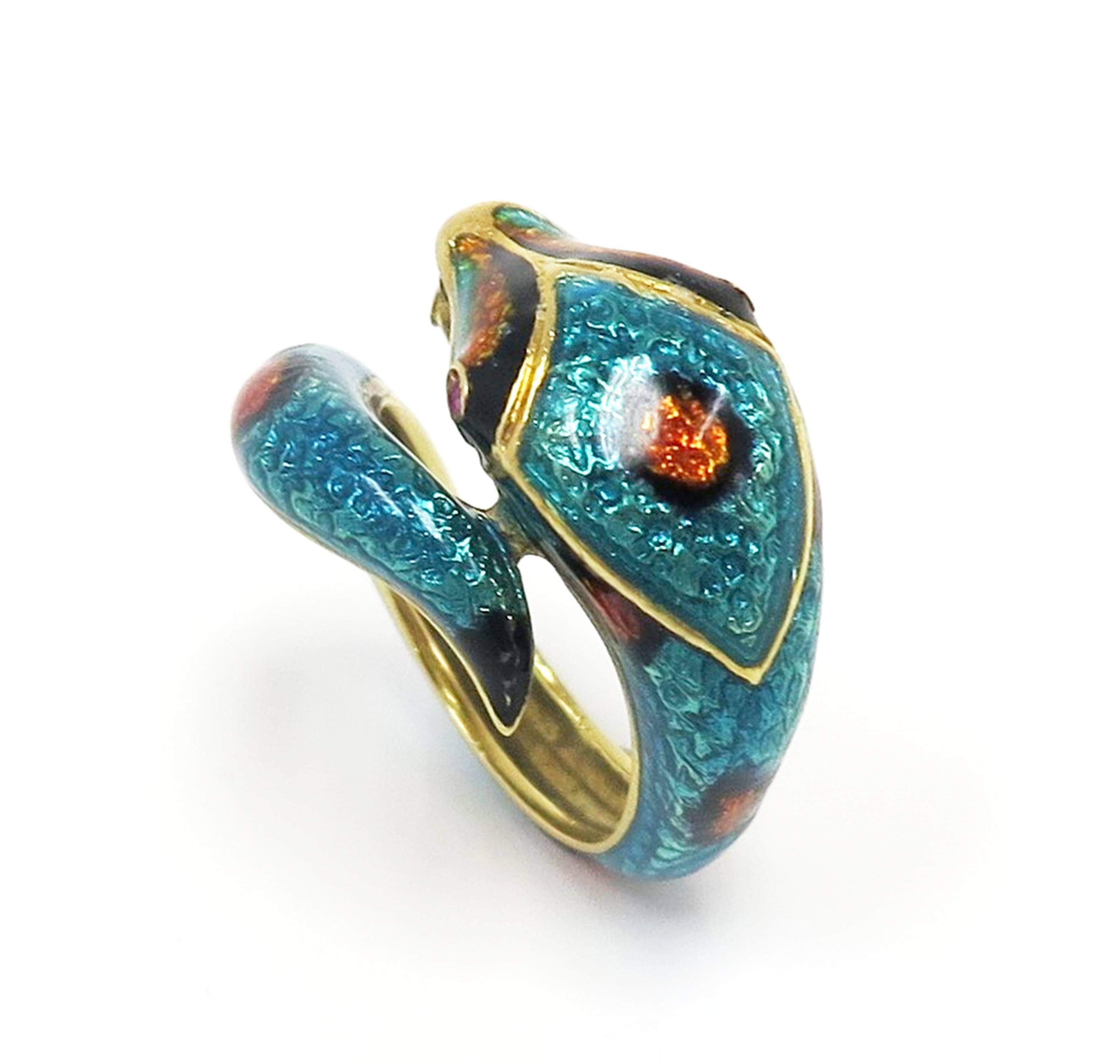 Women's or Men's 18 Karat 1960s Enamel Snake Ring with Ruby Eyes For Sale