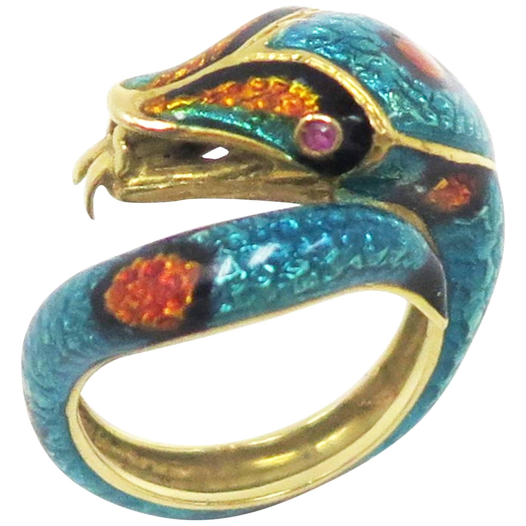 18 Karat 1960s Enamel Snake Ring with Ruby Eyes For Sale