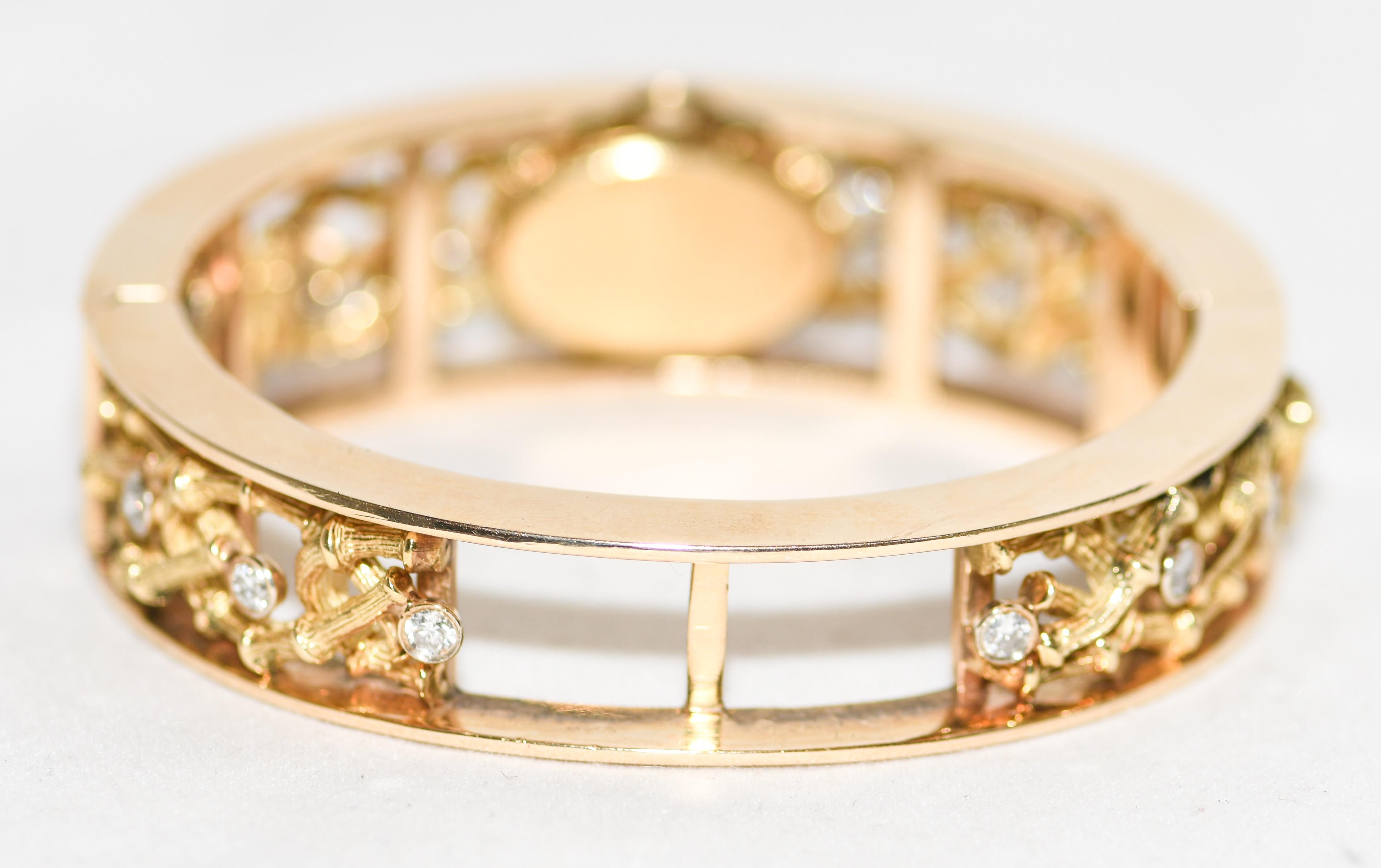 Artisan 18 Karat 1980s Detailed Open Work Bangle with Diamond Face Watch For Sale