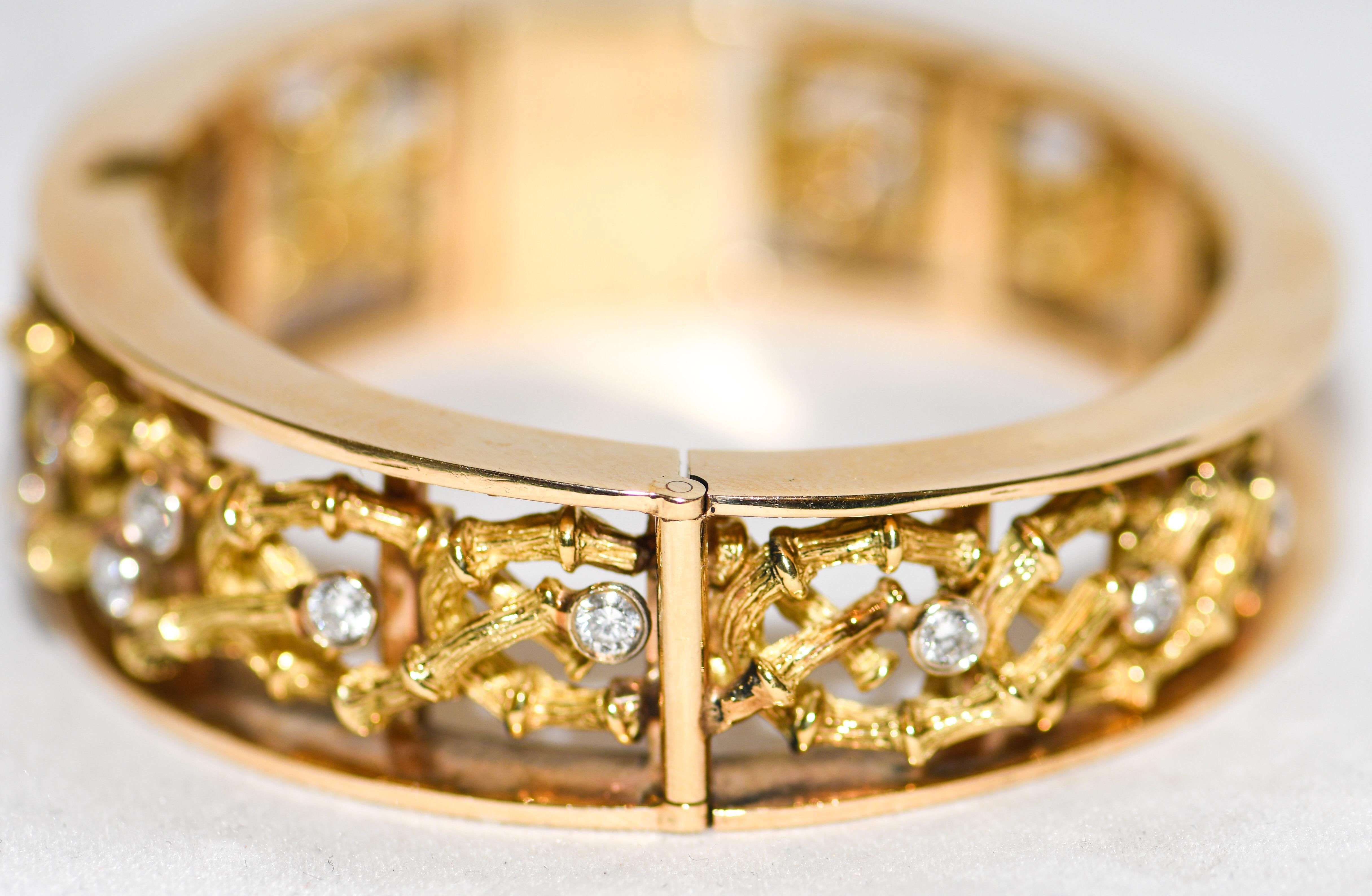 18 Karat 1980s Detailed Open Work Bangle with Diamond Face Watch In Good Condition For Sale In Palm Beach, FL