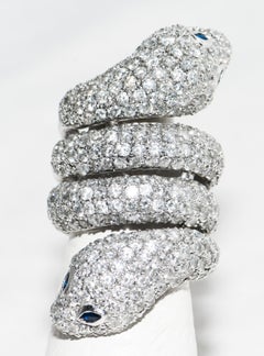 18 Karat 1980s White Gold Double Headed Sapphire Eyes Diamond Snake Ring