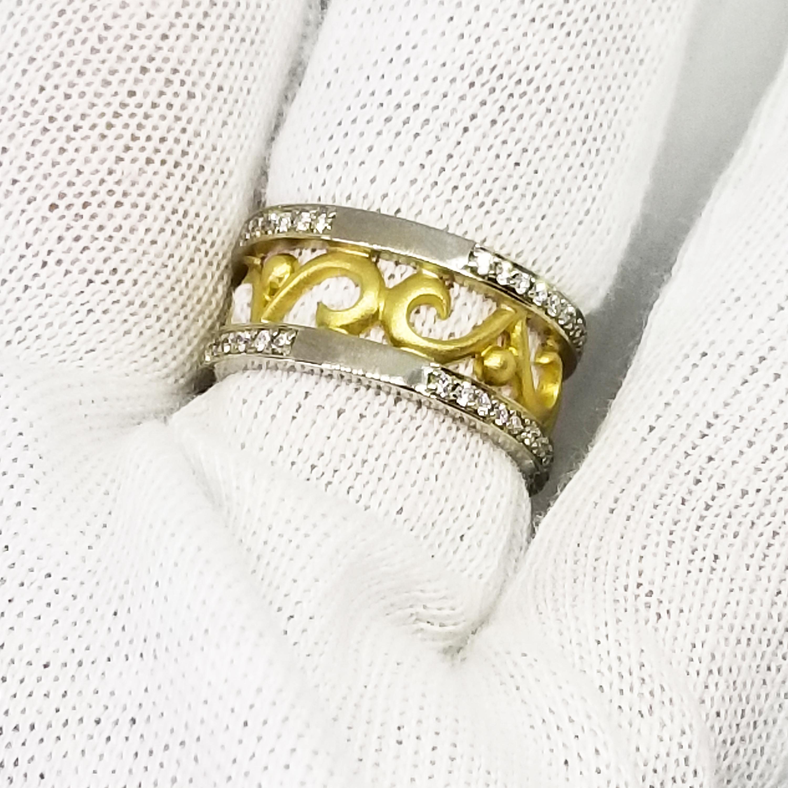 18 Karat 2-Tone Wide Architectural Open Style Diamond Eternity Anniversary Band In New Condition For Sale In Lambertville , NJ