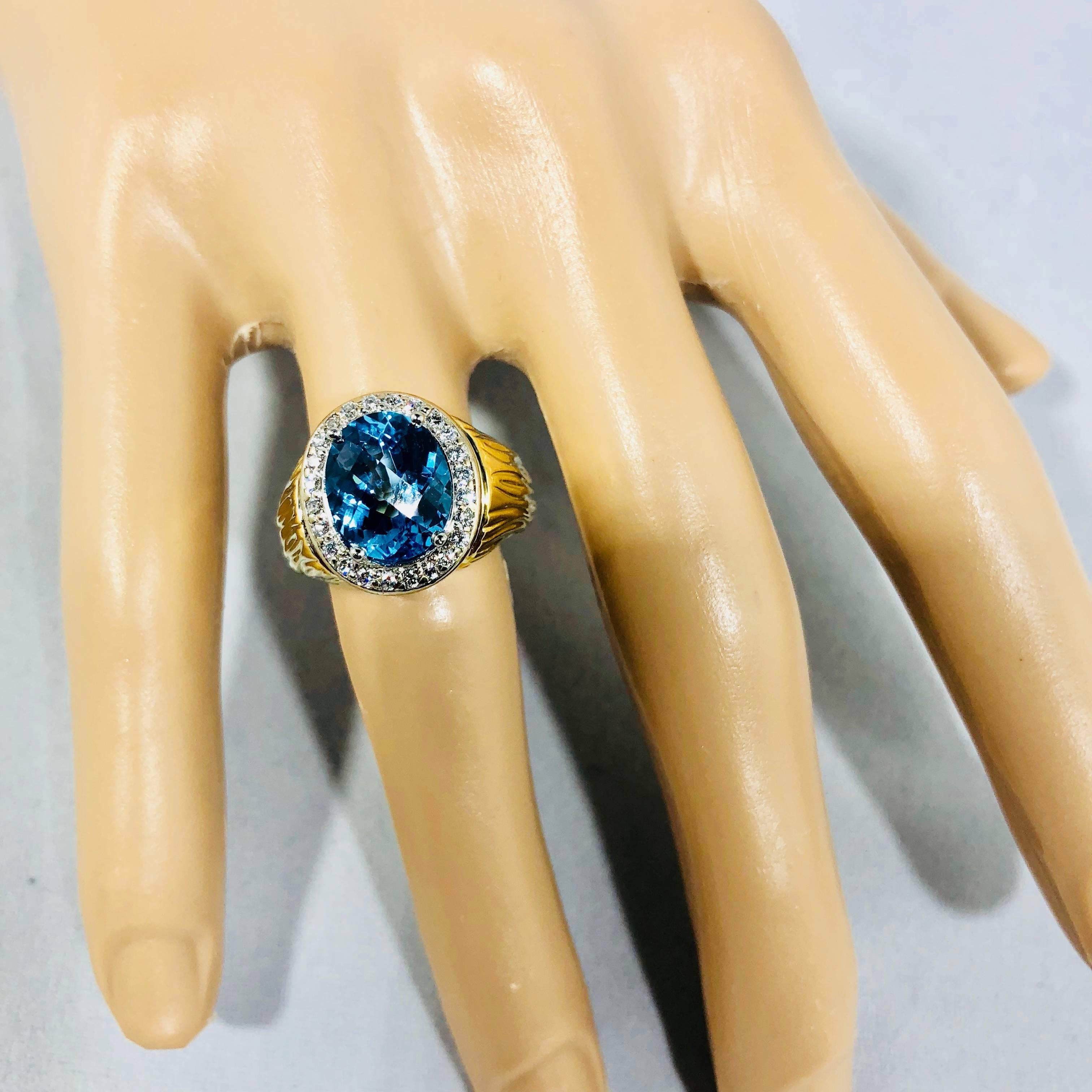 Women's or Men's 18 Karat Two-Tone Yellow and White Gold Blue Topaz and Diamond Cocktail Ring