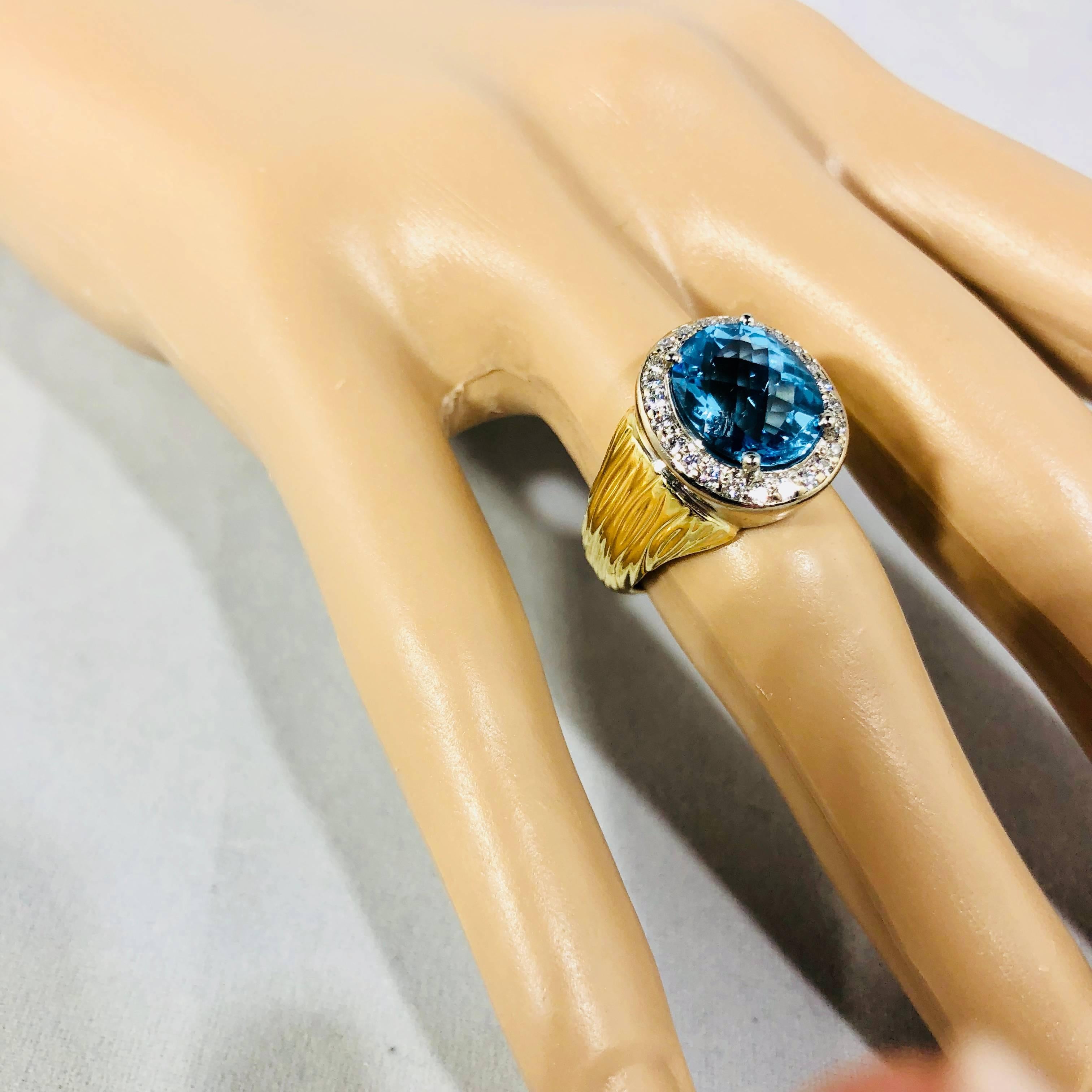18 Karat Two-Tone Yellow and White Gold Blue Topaz and Diamond Cocktail Ring 1