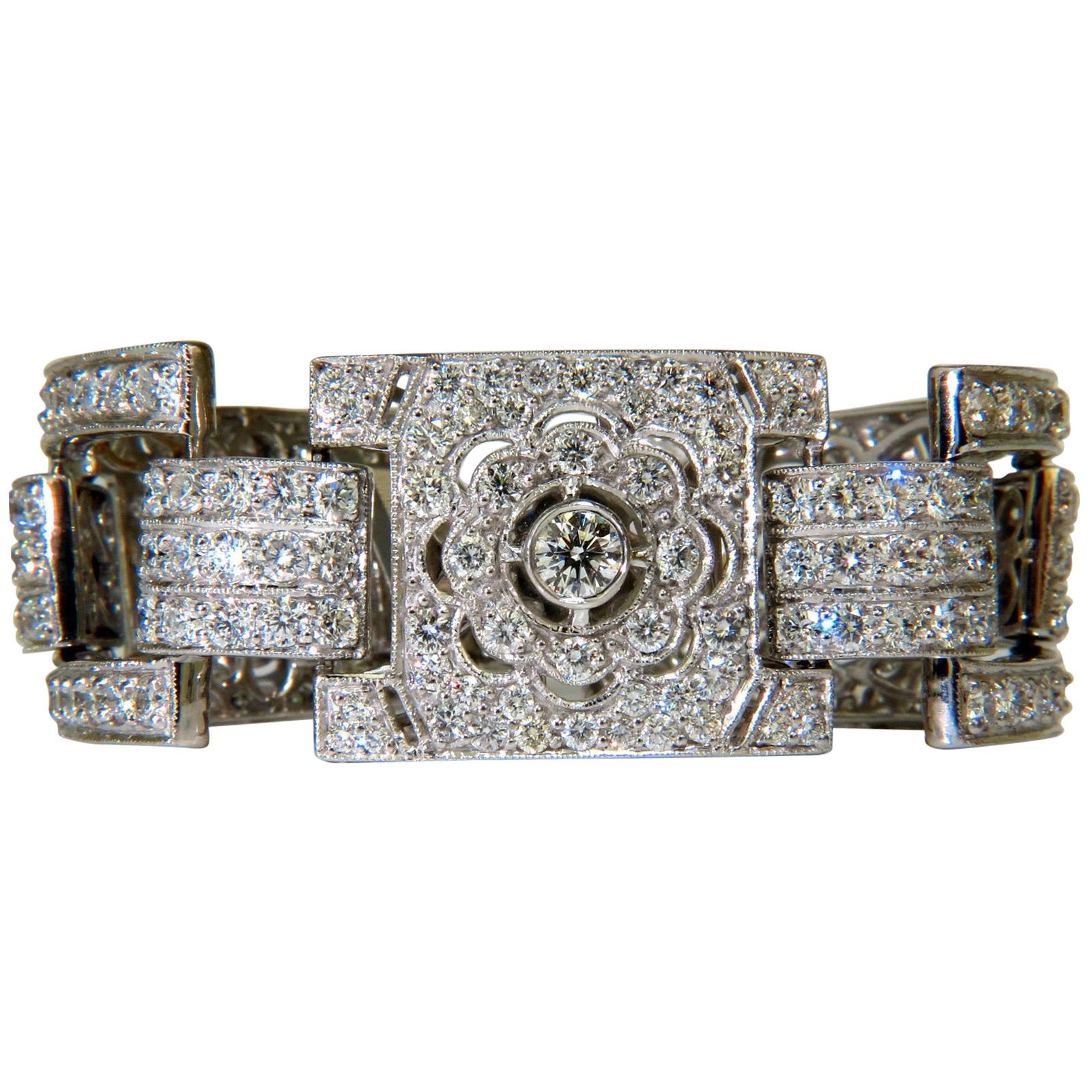 18 Karat 20.00 Carat Diamonds Art Deco Style Classic Link Cuff Bracelet Cluster For Sale