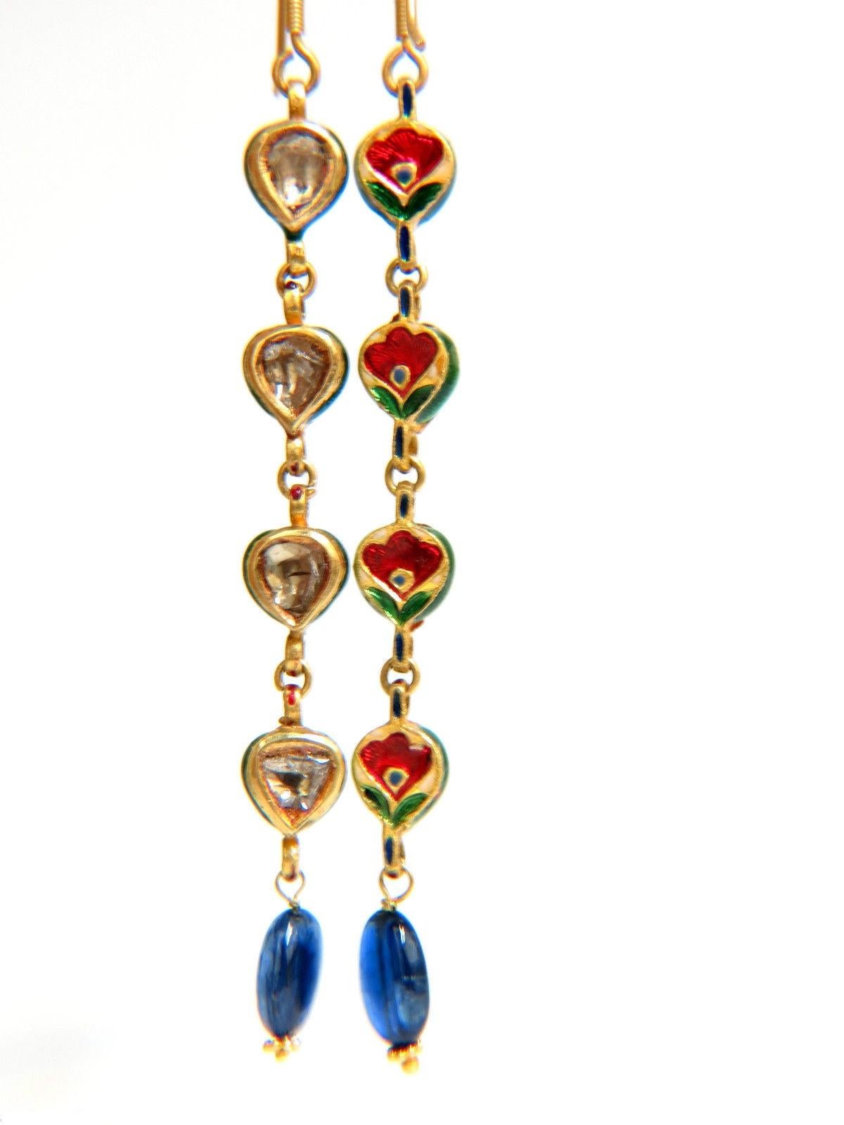 Women's or Men's 18 Karat 2.15 Carat Natural Sapphire Diamond Dangle Earrings Moghul Enamel For Sale