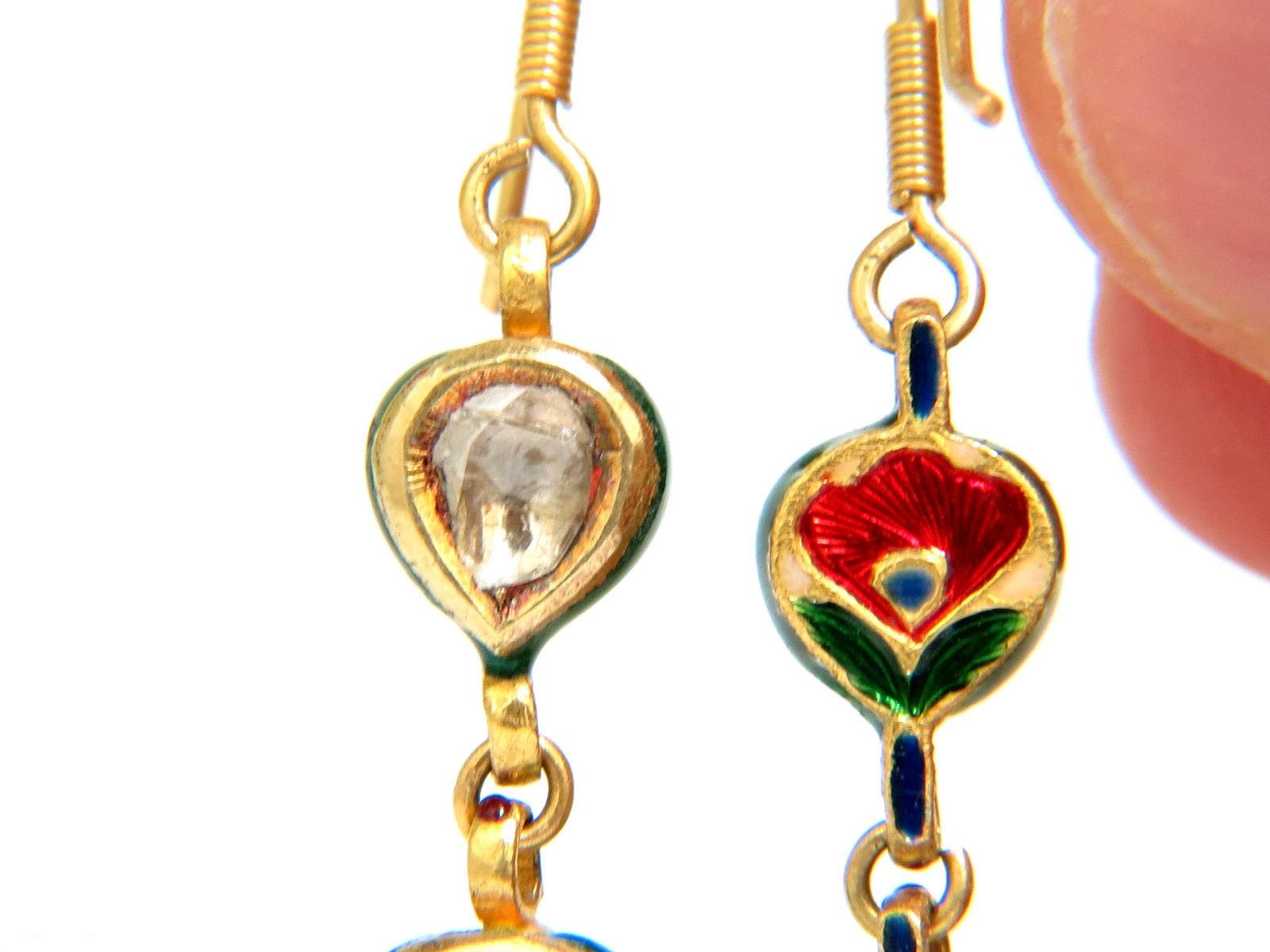 18 Karat 2.15 Carat Natural Sapphire Diamond Dangle Earrings Moghul Enamel For Sale 1