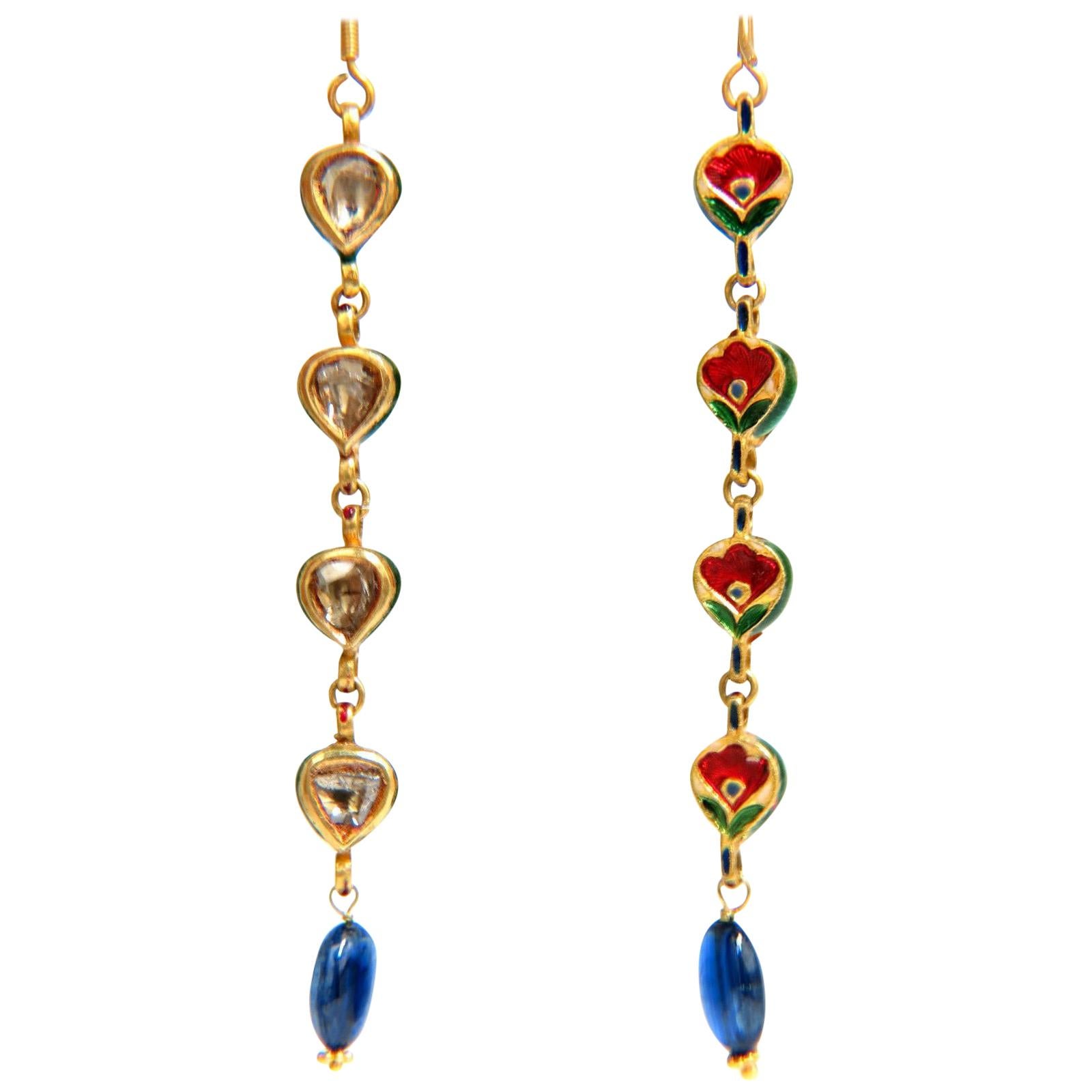 18 Karat 2.15 Carat Natural Sapphire Diamond Dangle Earrings Moghul Enamel