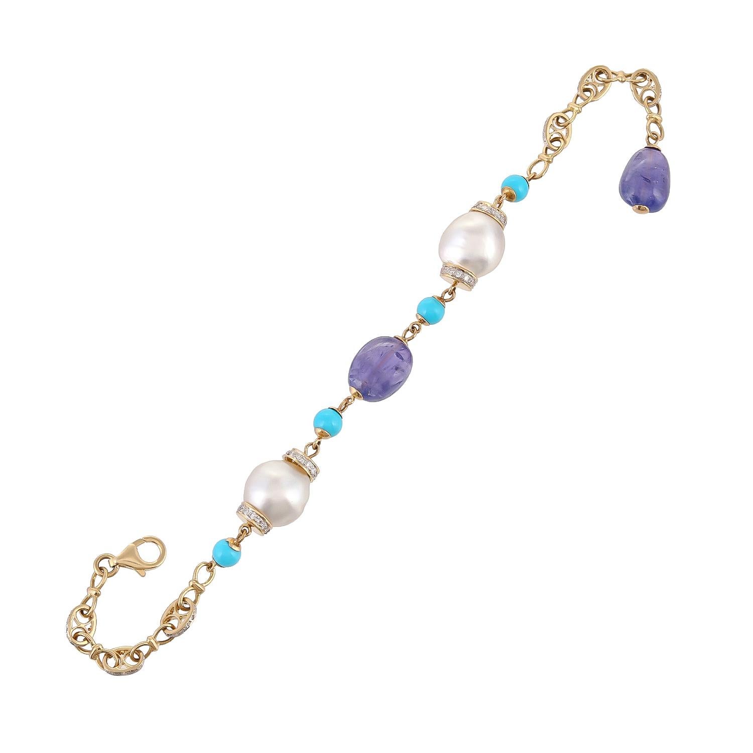 A stunning Combination of 23.55 carats south sea pearls and 17.75 carats tanzanite dumbles decorated with Arizona turquoise 4mm rounds further add to the summer feel enhanced with 0.88 carats diamonds. Handcrafted in 18kt Yellow Gold.
Art of
