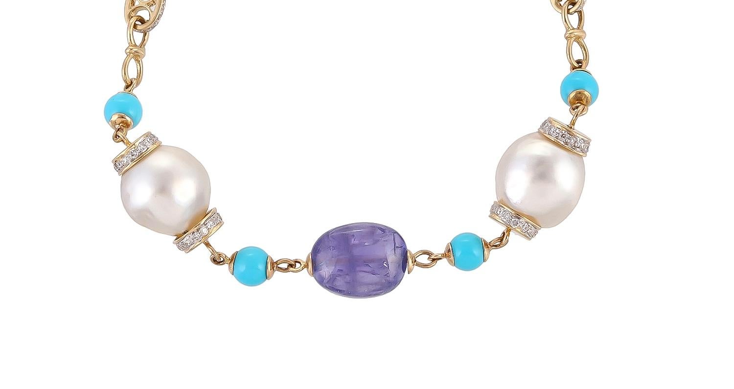 Bead 18 Karat 23.55 Carat South Sea Pearl Tanzanite Turquoise Diamond Link Bracelet For Sale