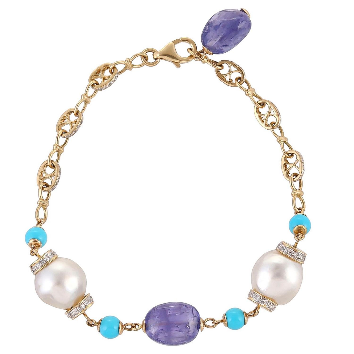18 Karat 23.55 Carat South Sea Pearl Tanzanite Turquoise Diamond Link Bracelet For Sale