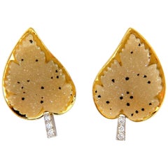 18 Karat .25 Carat Diamonds Matrix Quartz Rough Slice Leaf Earrings Omega 3D