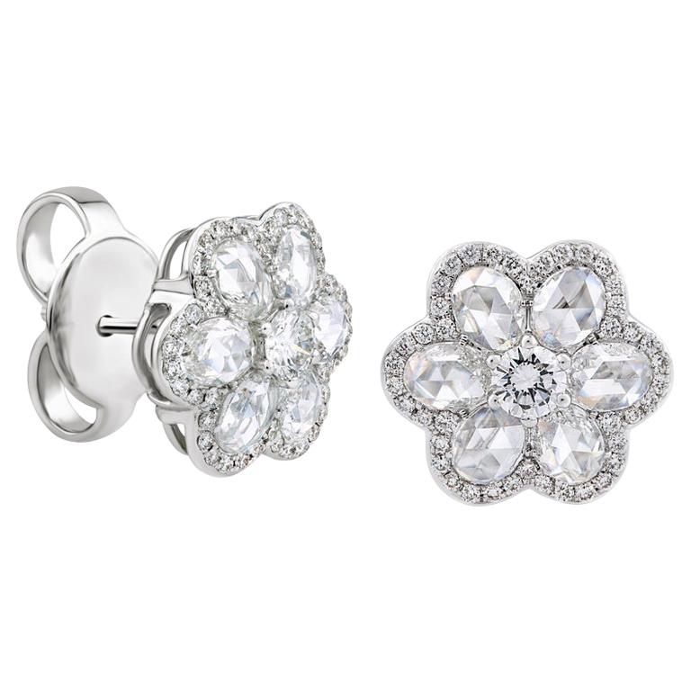 18 Karat 2.97 Carat Rose Cut Diamond Blossom Floral Ear Studs For Sale