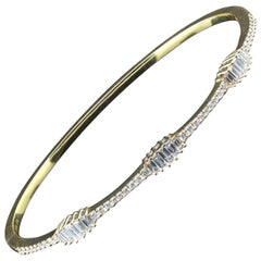 18 Karat 3 Station Baguette Diamond and Round Diamond 1.02 Carat Bangle