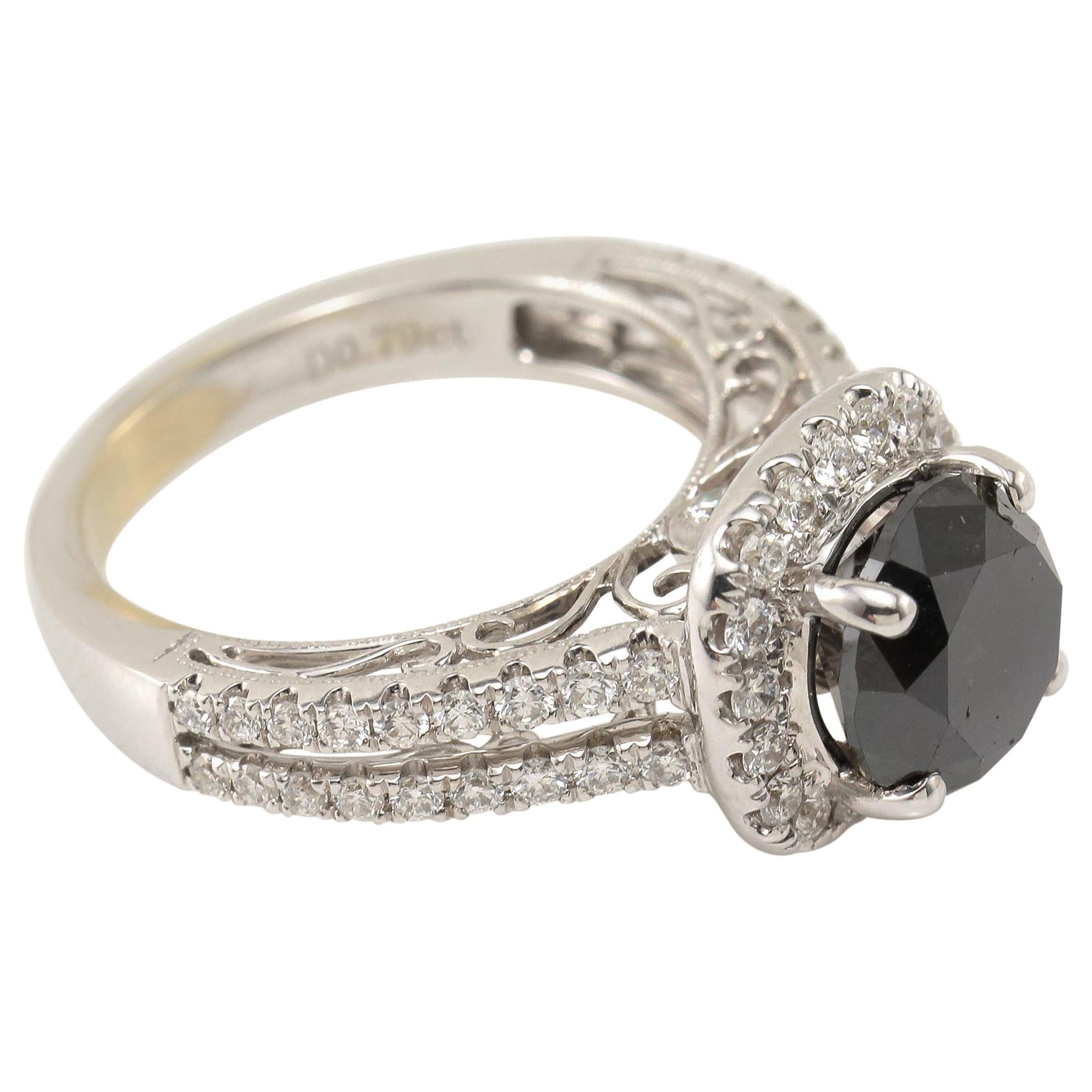 18 Karat 3.28 Carat Round Black Diamond Engagement Ring White Gold For Sale