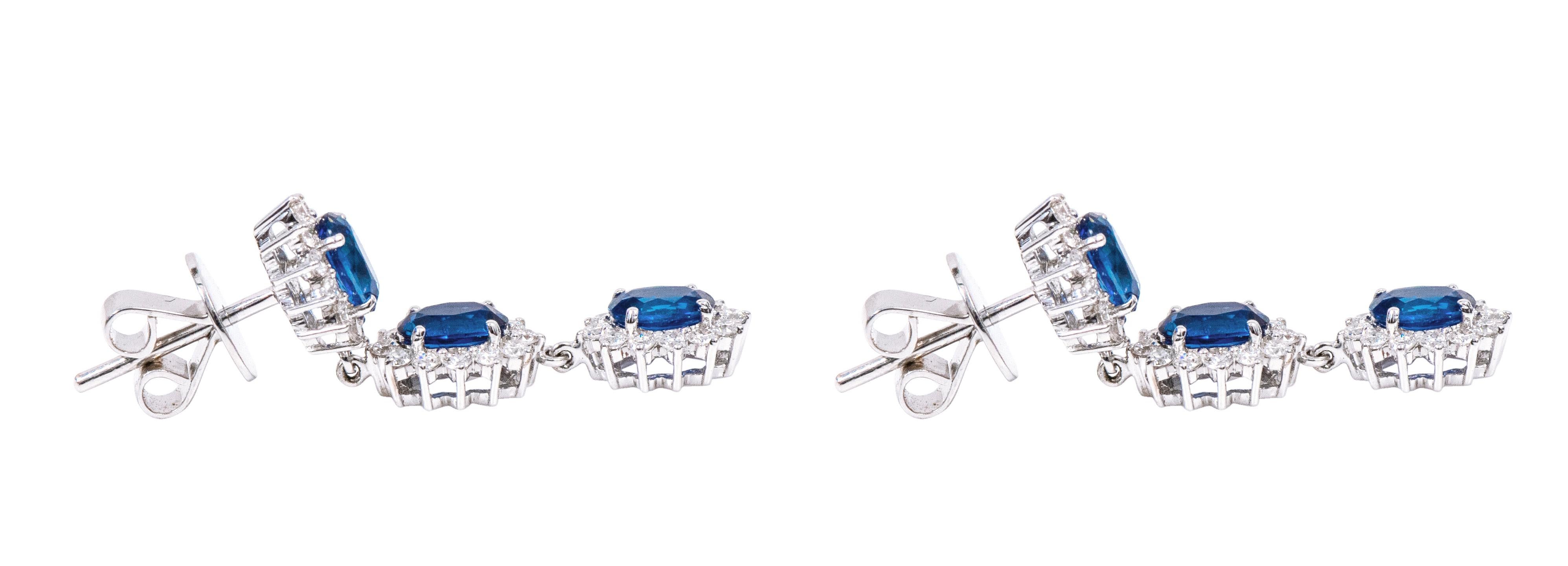 Oval Cut 18 Karat 4.13 Carat Sapphire and Diamond Cluster Drop Earrings For Sale