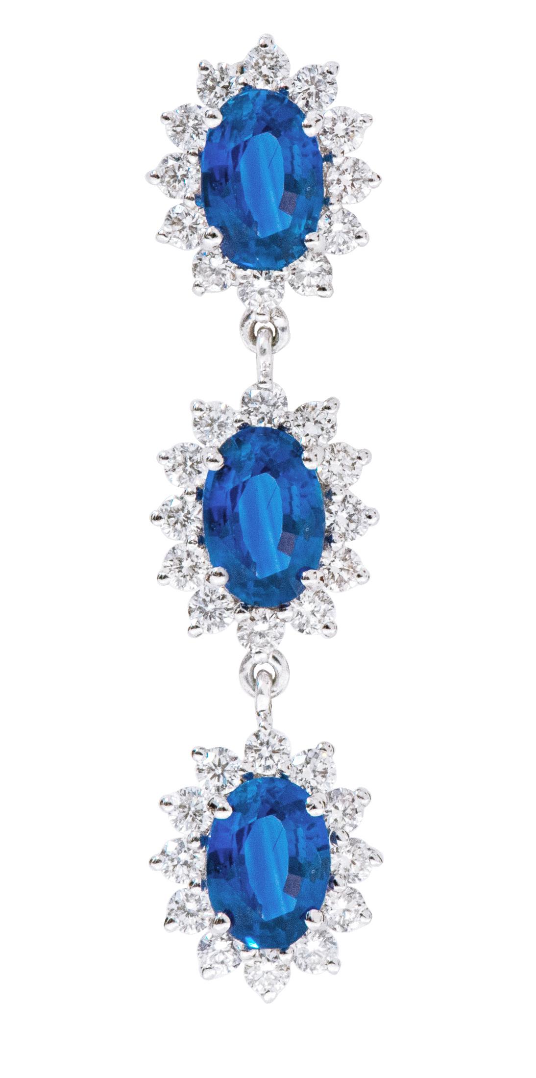 Women's 18 Karat 4.13 Carat Sapphire and Diamond Cluster Drop Earrings For Sale