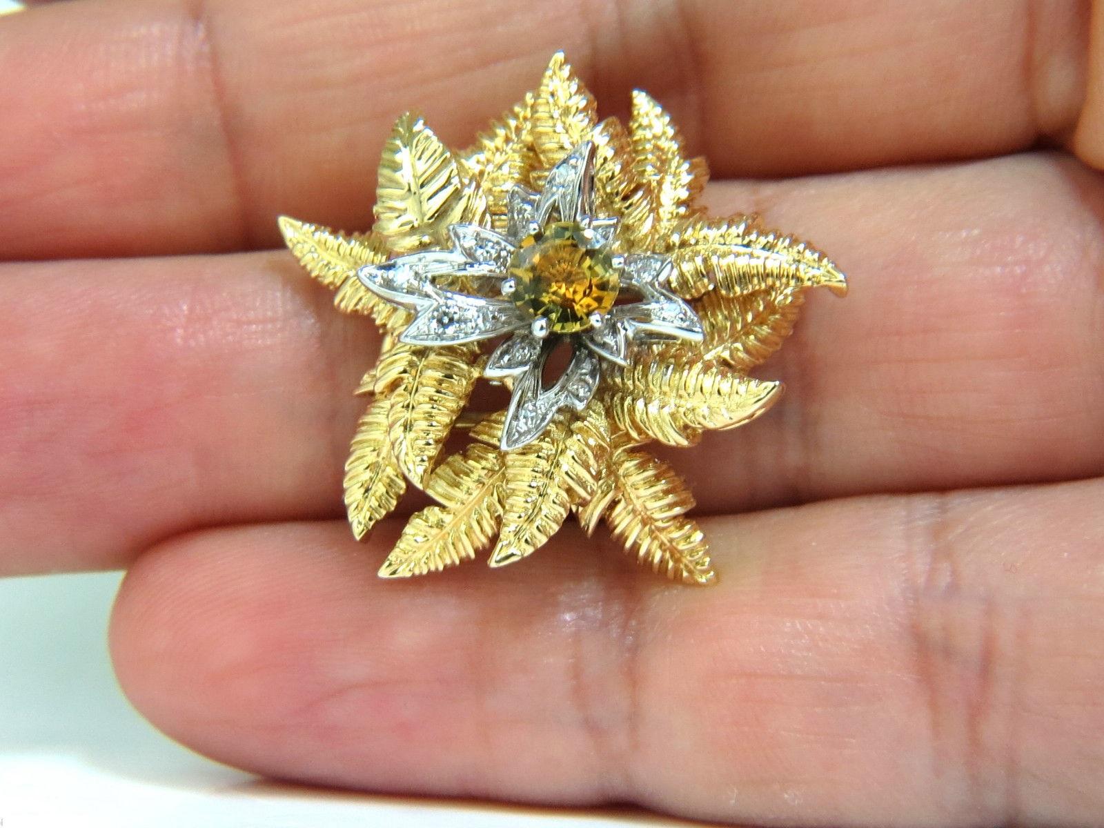 18 Karat .77 Carat Natural Gem Yellow-Orange Sapphire Diamond Ring 3D Fern 3