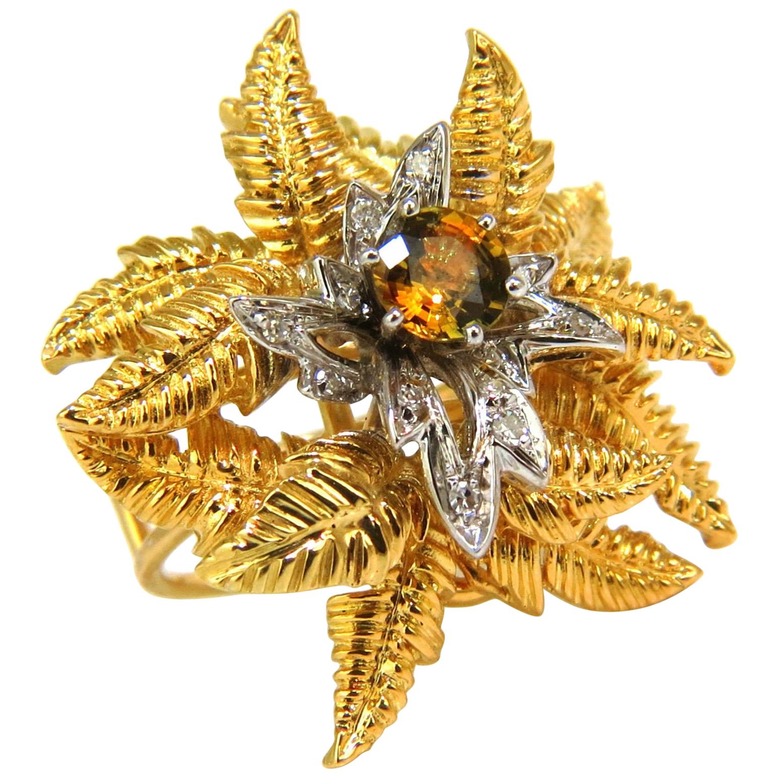 18 Karat .77 Carat Natural Gem Yellow-Orange Sapphire Diamond Ring 3D Fern