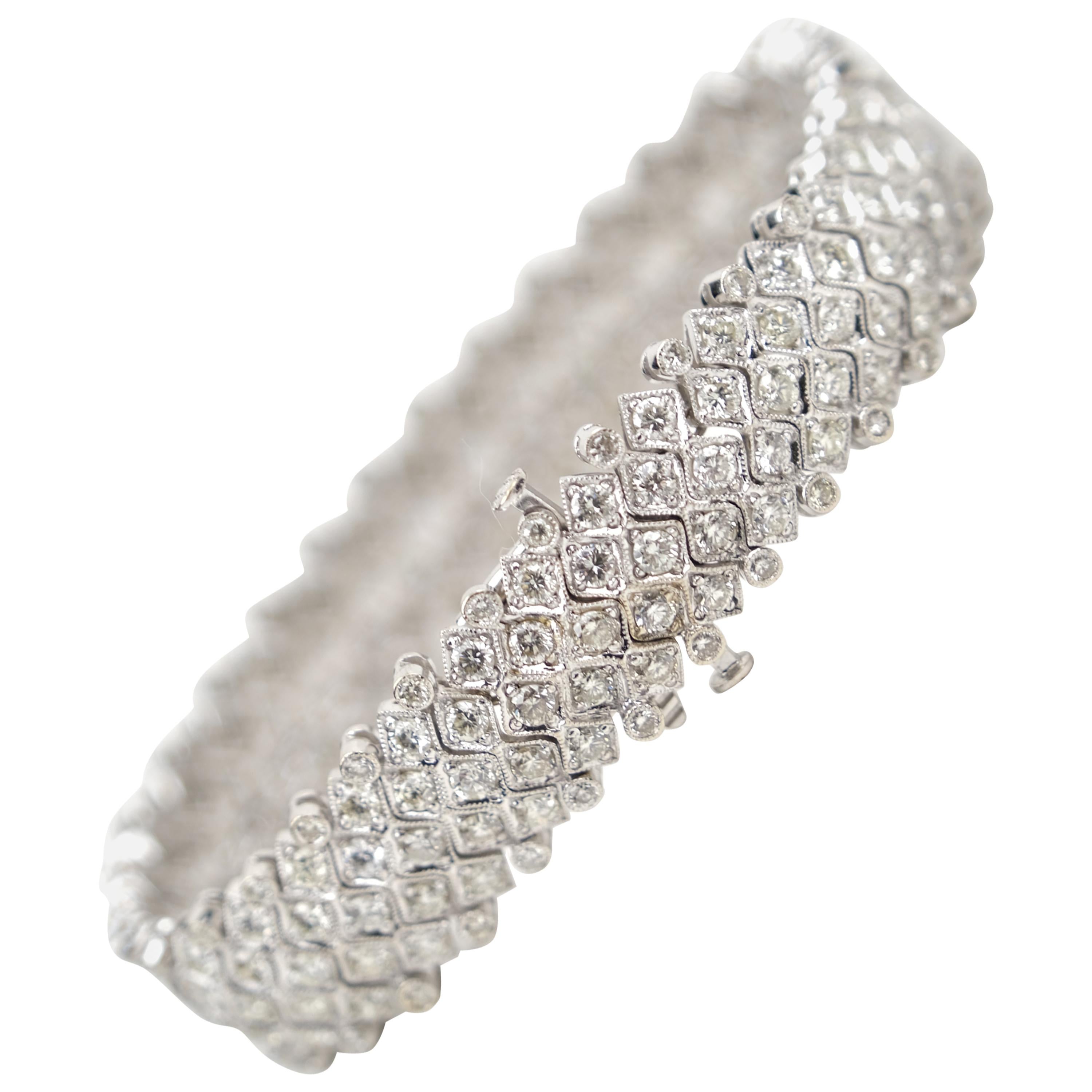 18 Karat 8.98 Carat Diamond Multi-Row Milgrain Bracelet For Sale