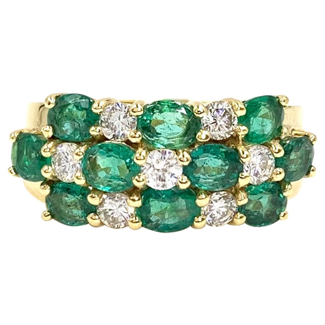 18 Karat Alternating Emerald and Diamond Wide Ring For Sale