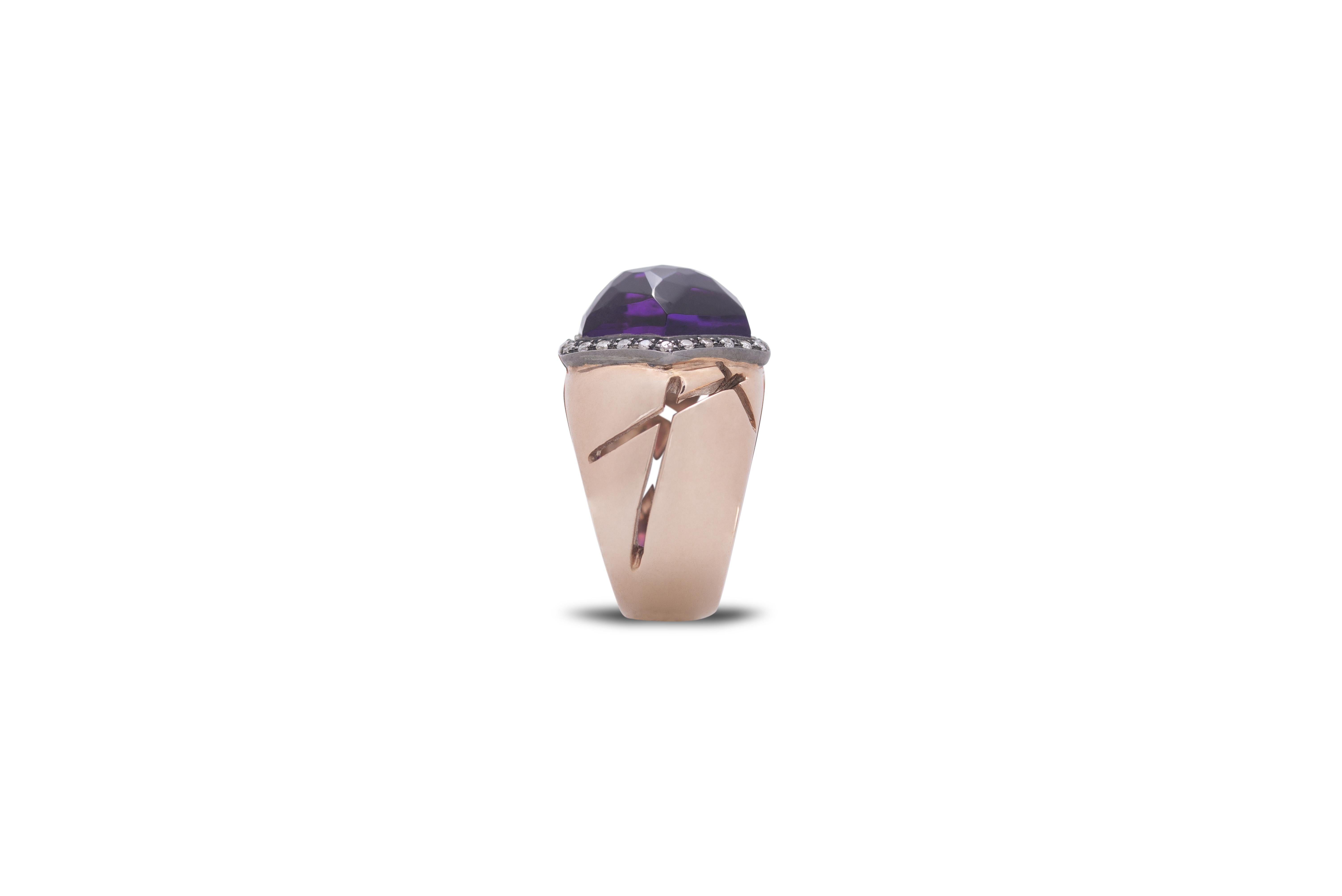 Deco Style 18 Karat Rose Gold Amethyst 0.40 Karat White Diamonds Design Ring In New Condition For Sale In Rome, IT