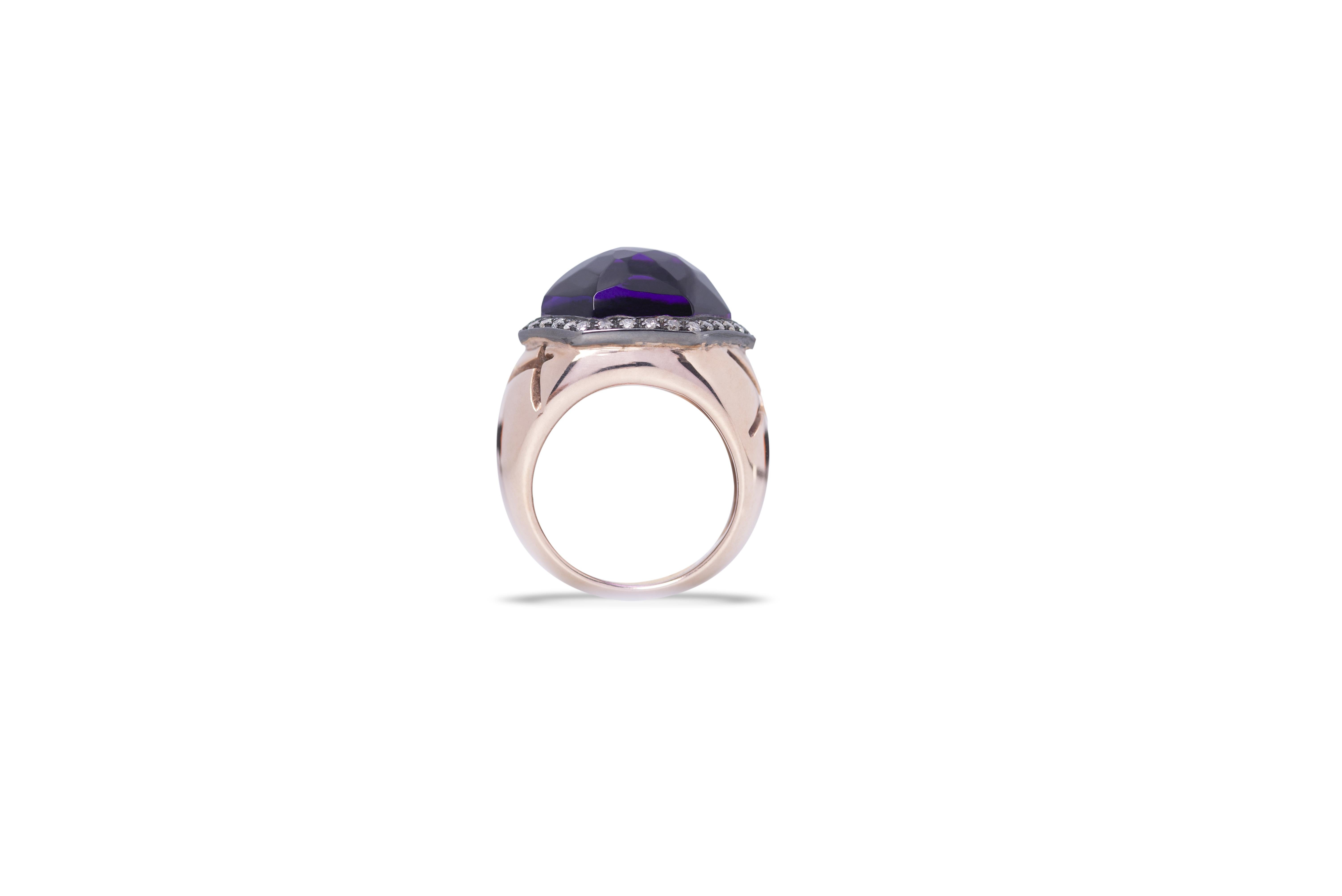 Deco Style 18 Karat Rose Gold Amethyst 0.40 Karat White Diamonds Design Ring For Sale 1