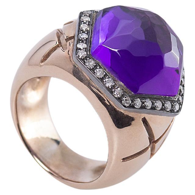 Deco Style 18 Karat Rose Gold Amethyst 0.40 Karat White Diamonds Design Ring For Sale