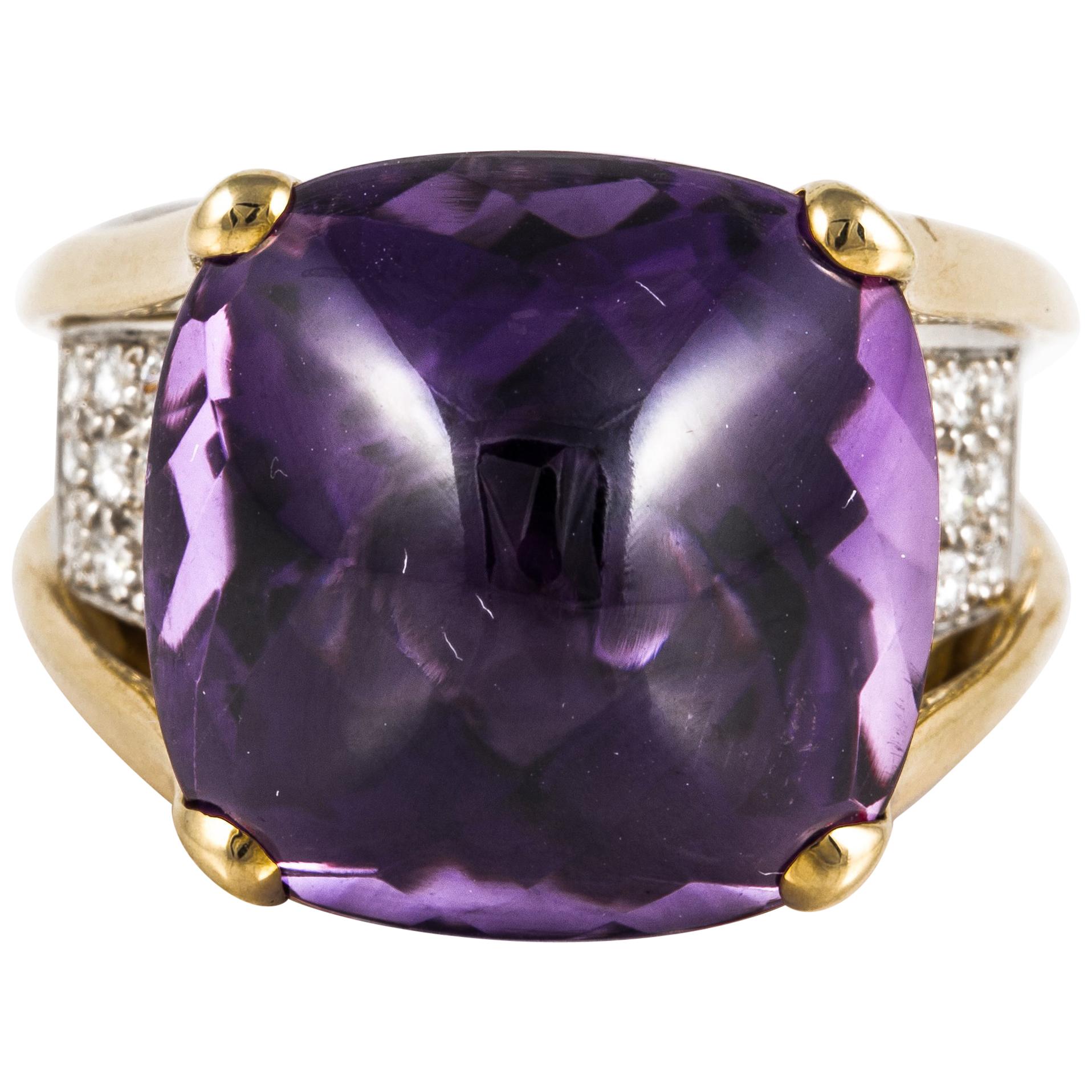 Cabochon Amethyst 18K Gold Ring with Diamonds  For Sale