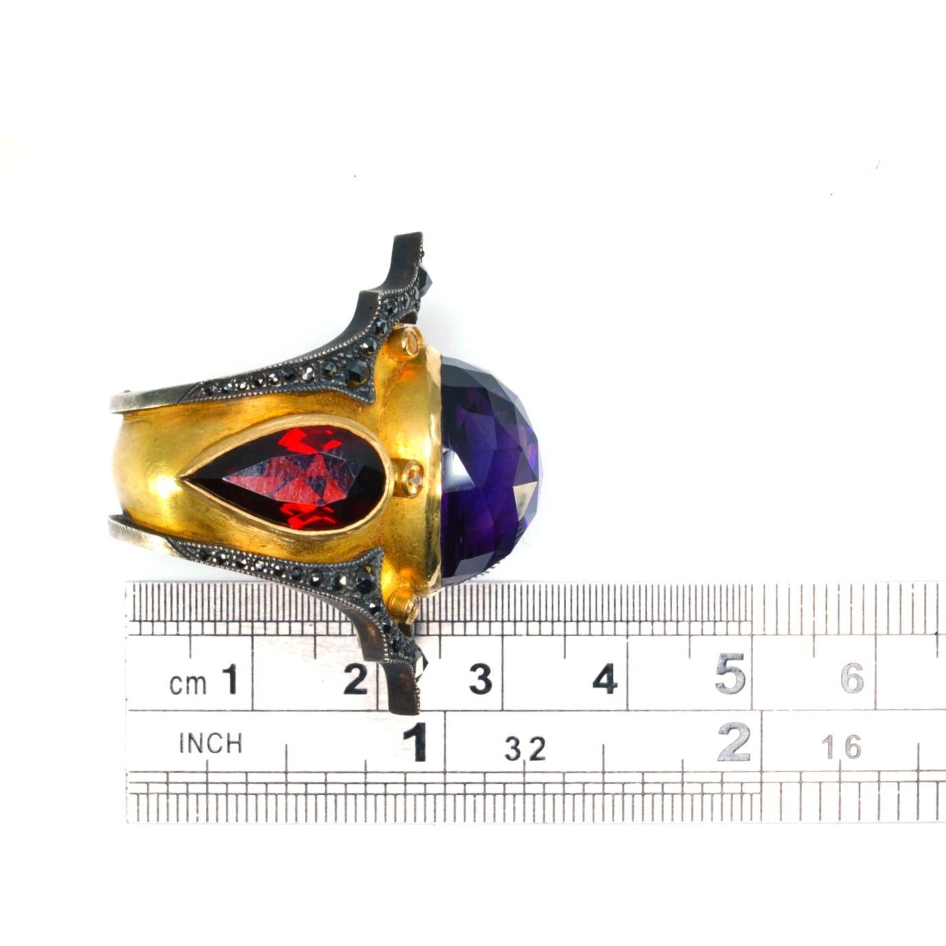 Amethyst, Garnet and Black Diamonds gold ring For Sale 5