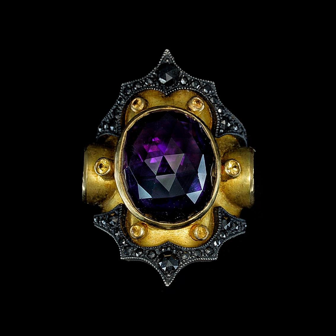 Amethyst, Garnet and Black Diamonds gold ring  For Sale 9