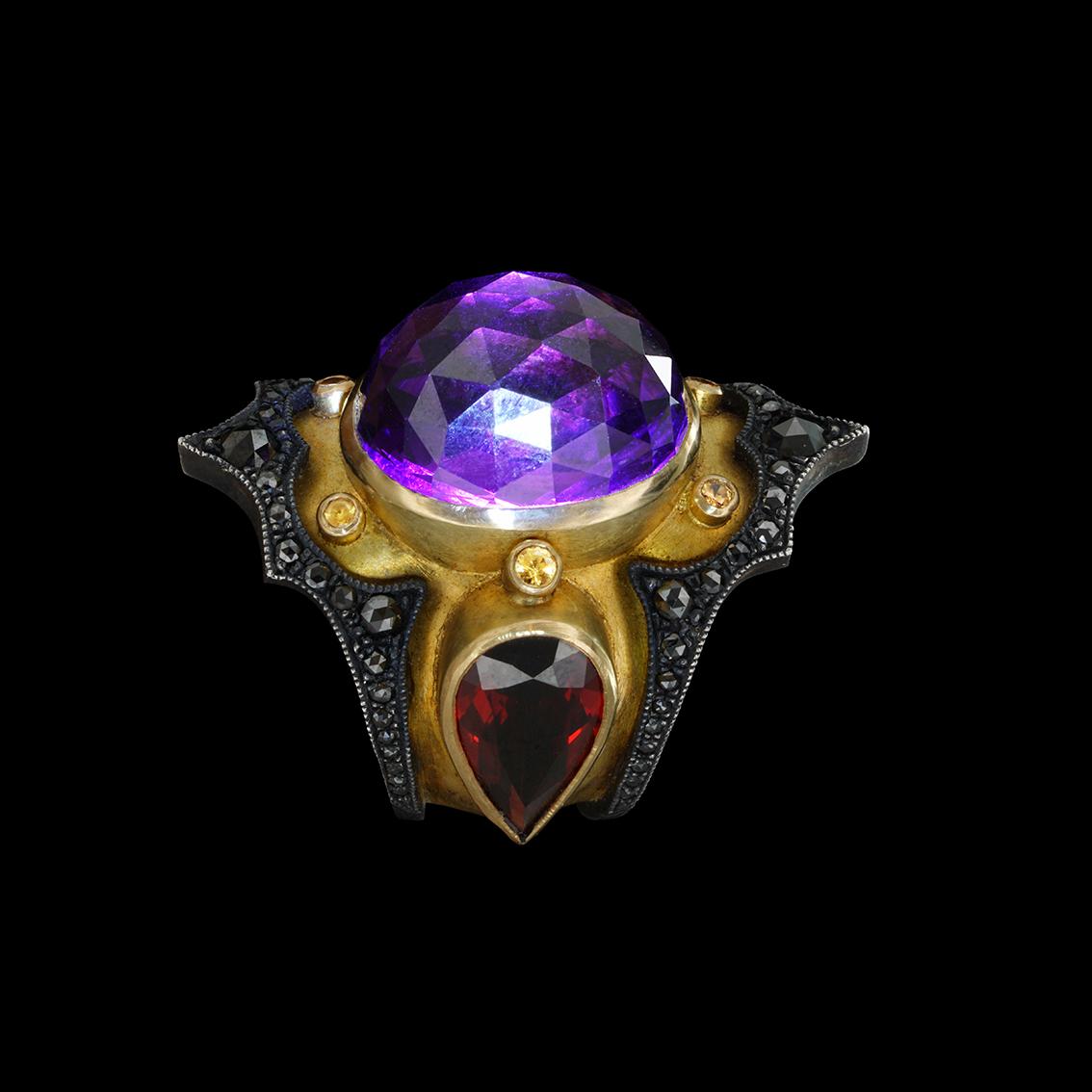 Amethyst, Garnet and Black Diamonds gold ring  For Sale 7