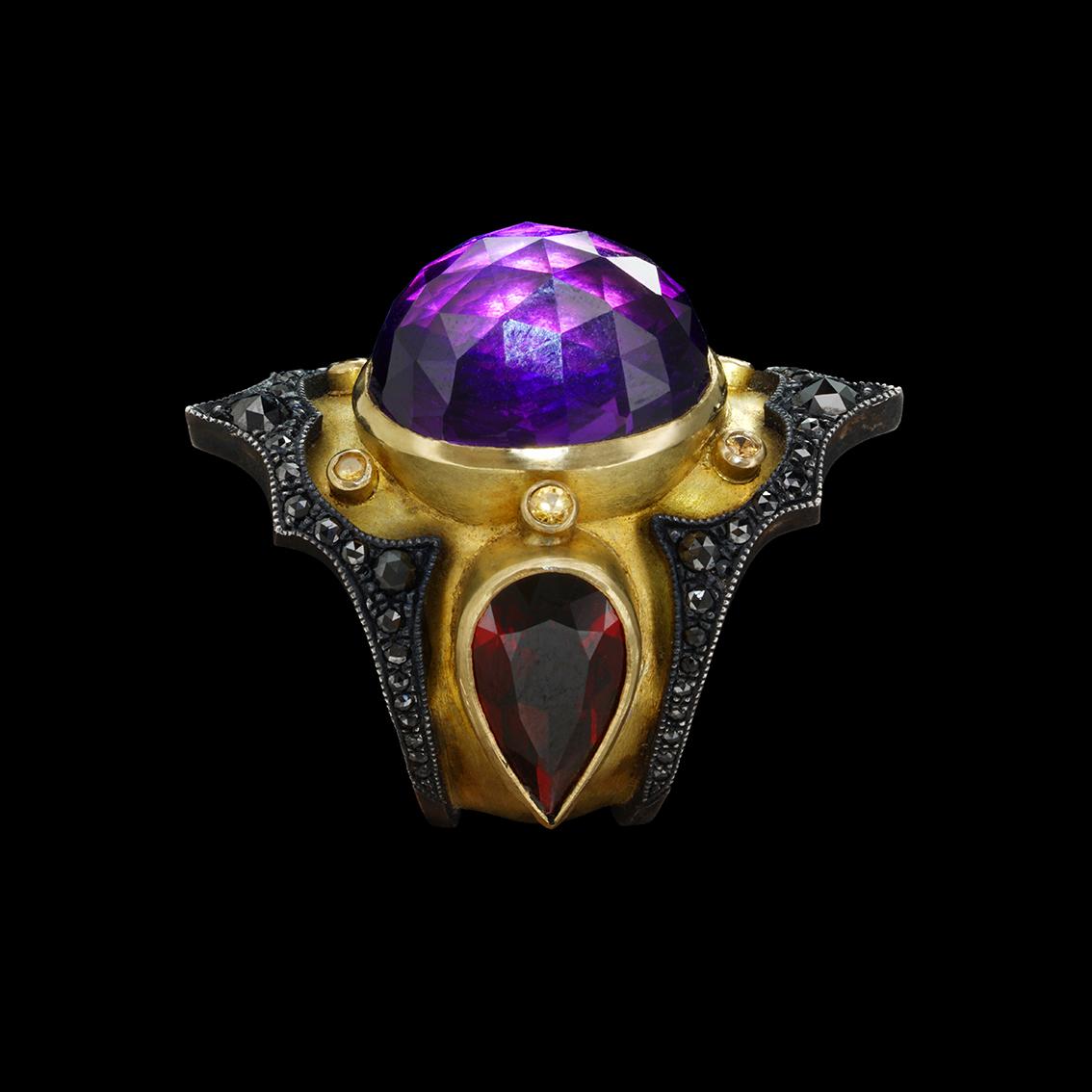 Amethyst, Garnet and Black Diamonds gold ring For Sale 1