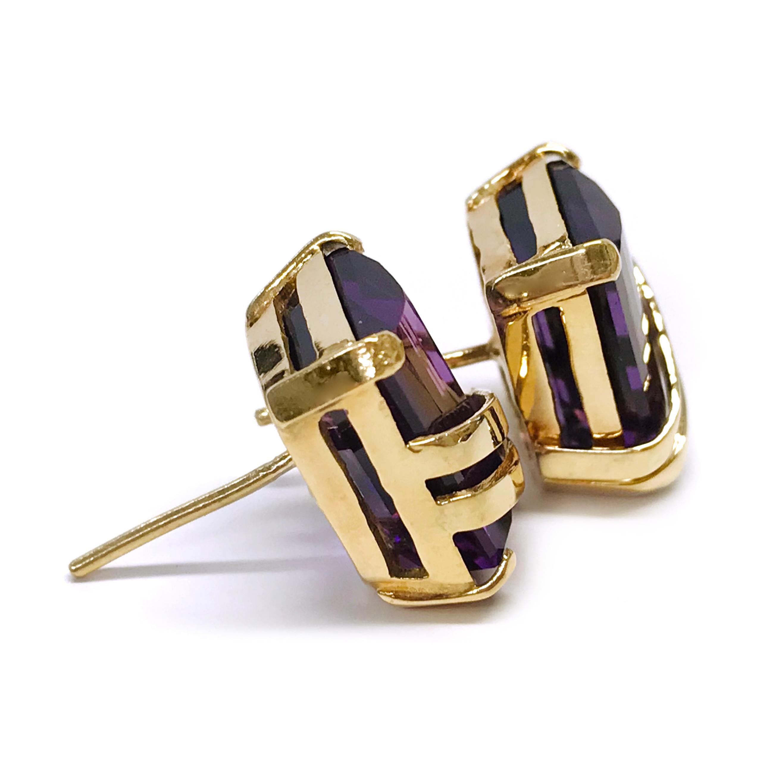 Trillion Cut Yellow Gold Amethyst Stud Earrings For Sale