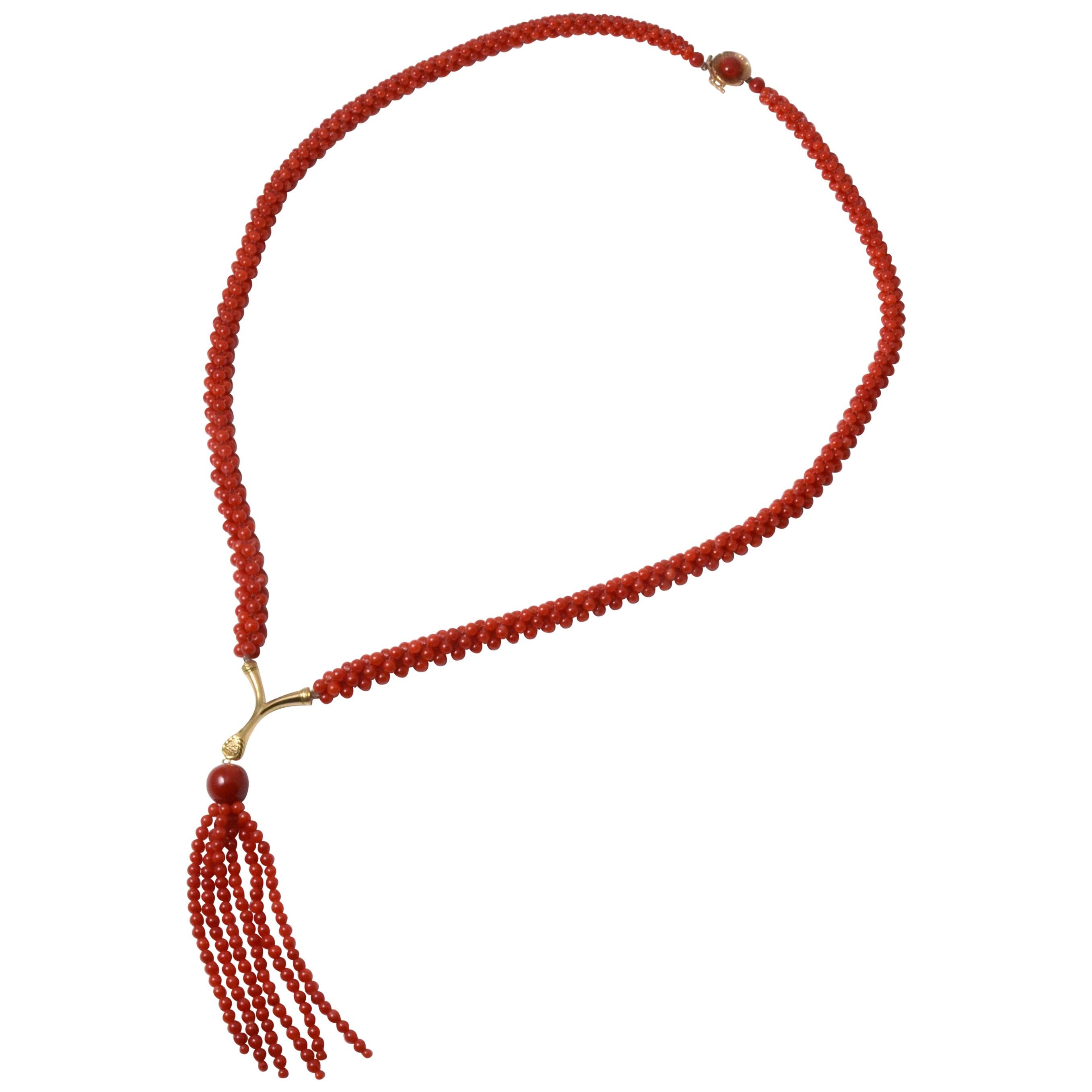 18 and 14 Karat Yellow Gold Red Coral Tassel Necklace For Sale