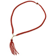 18 and 14 Karat Yellow Gold Red Coral Tassel Necklace