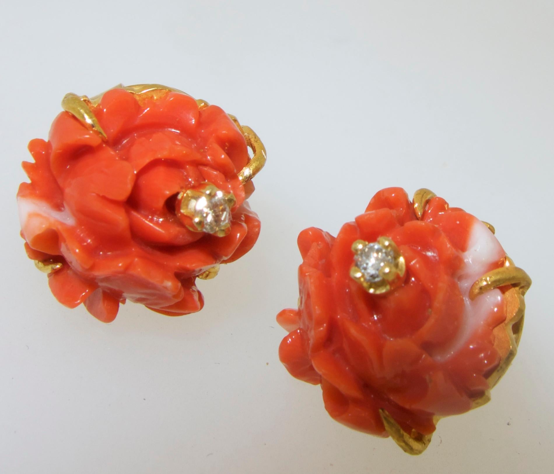 Contemporary 18 Karat and Fine Natural Coral and Diamond Earrings