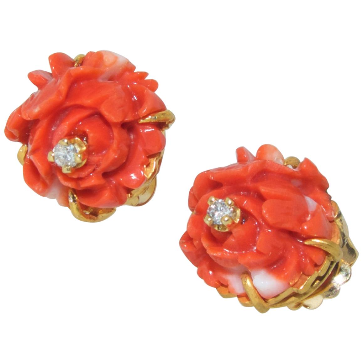 18 Karat and Fine Natural Coral and Diamond Earrings