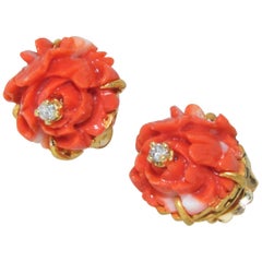 18 Karat and Fine Natural Coral and Diamond Earrings 18 Karat and Fine Natural Coral and Diamond Earrings