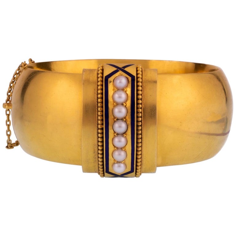 18 Karat and Pearl and Blue Enamel Bangle For Sale at 1stDibs