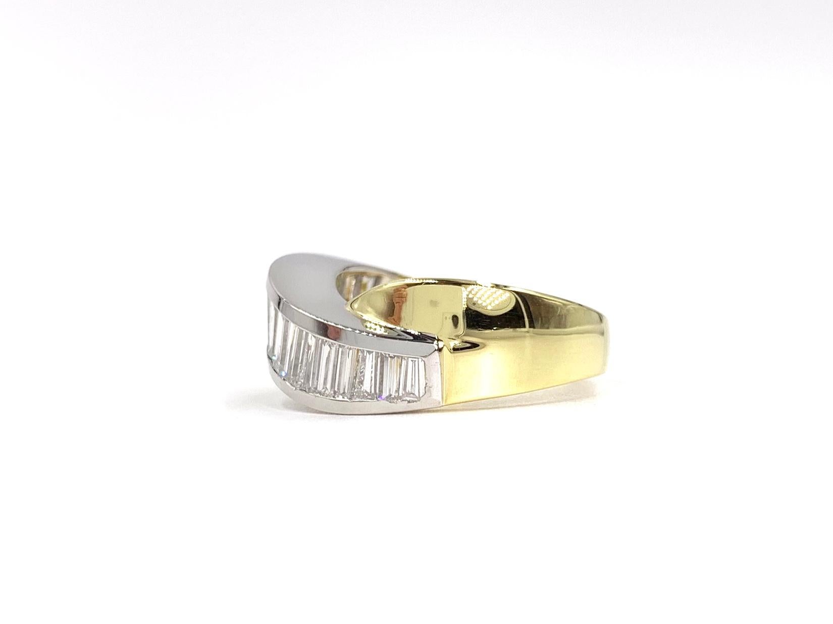 Modern 18 Karat and Platinum Baguette Diamond Curved Ring For Sale