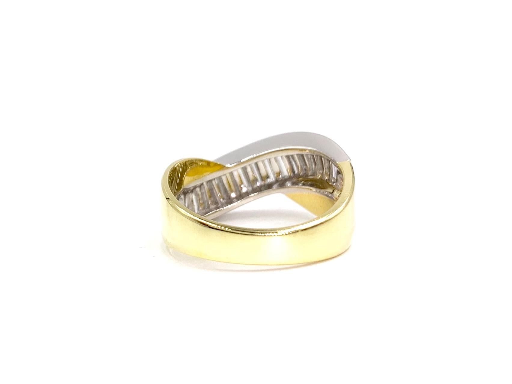 Baguette Cut 18 Karat and Platinum Baguette Diamond Curved Ring For Sale