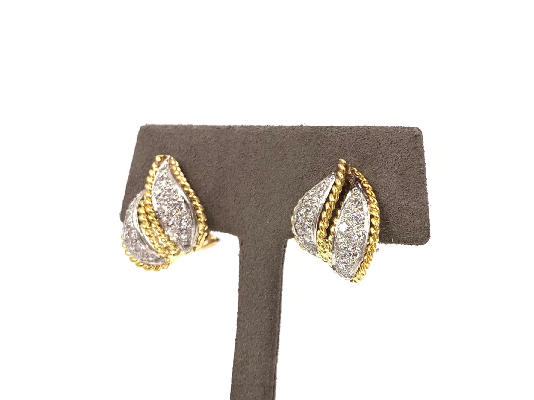 Women's 18 Karat and Platinum Diamond Leaf Motif Huggie Earrings