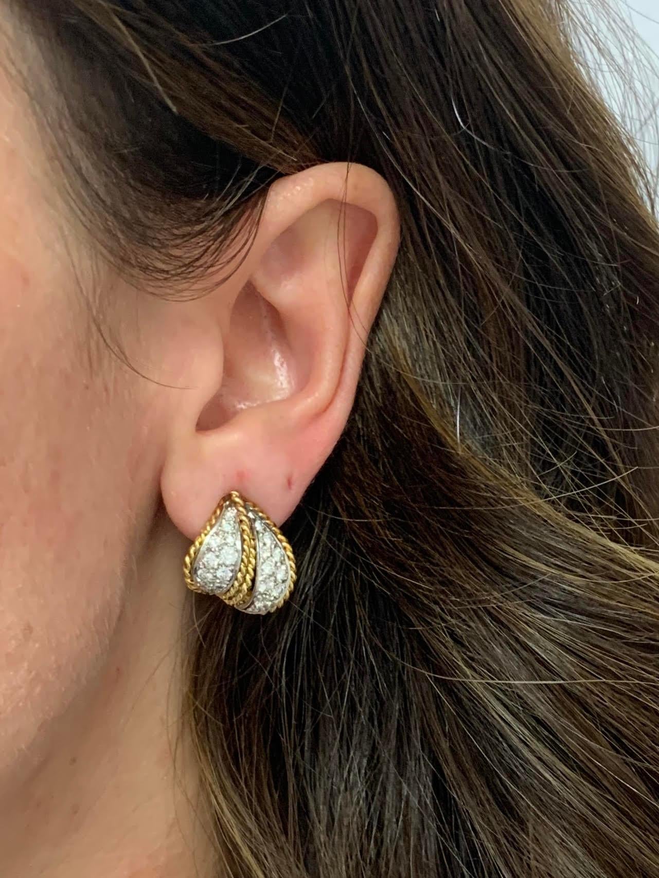 18 Karat and Platinum Diamond Leaf Motif Huggie Earrings 2