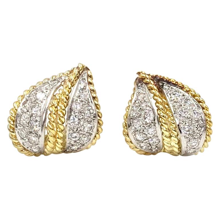 18 Karat and Platinum Diamond Leaf Motif Huggie Earrings