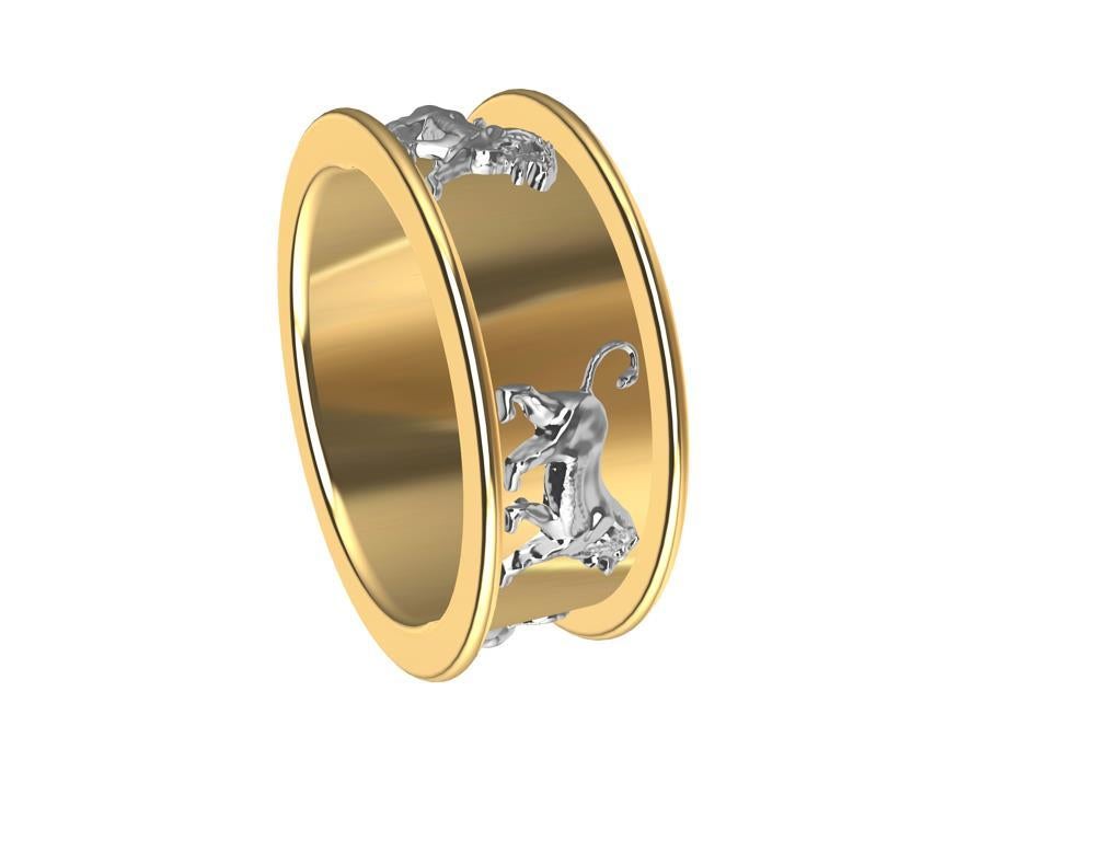 Women's or Men's 18 Karat Yellow Gold and Platinum Persepolis Lion Ring For Sale