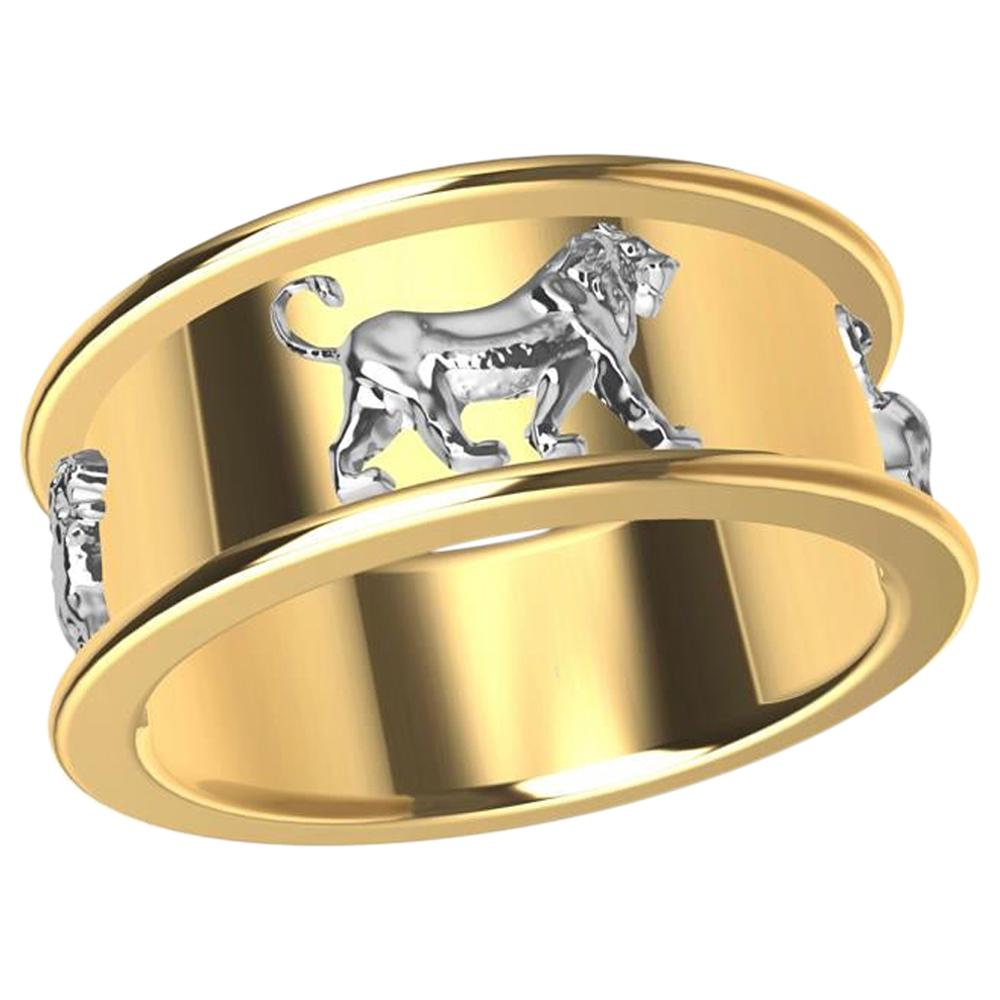 Bague lion Persépolis en or jaune 18 carats et platine en vente