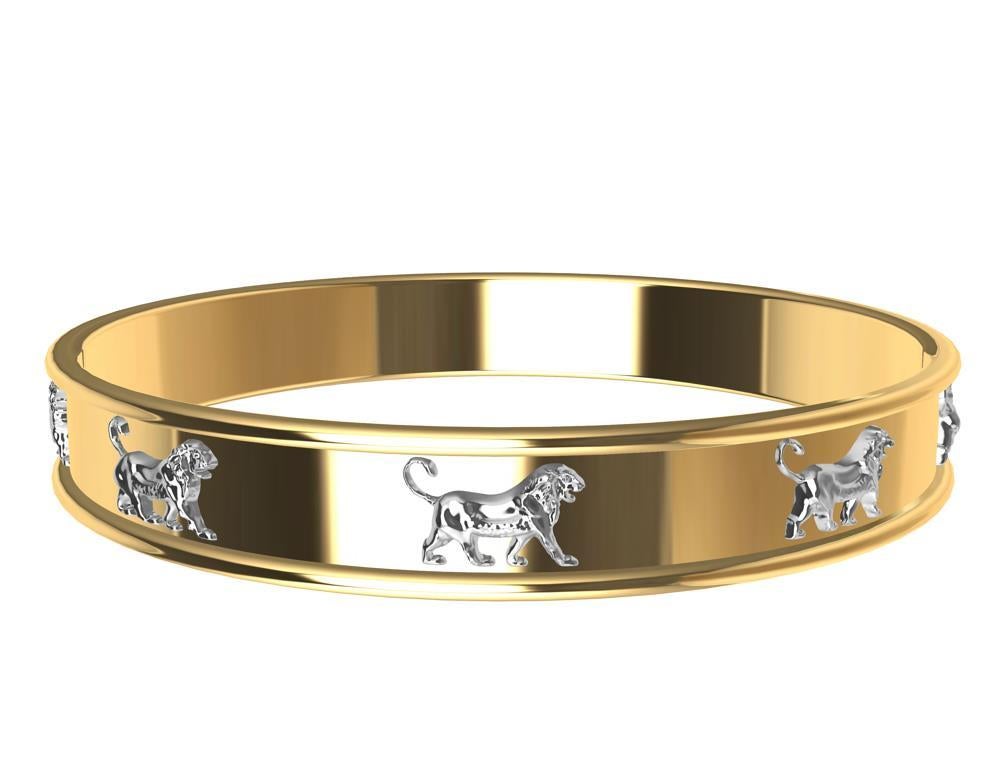 18 Karat Yellow Gold and Platinum Persepolis Lions Bangle Bracelet For Sale